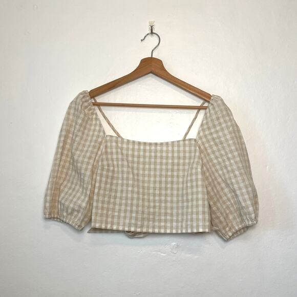 H&M – Gingham Check Linen Cotton Blend Puff Sleeve Open Back Blouse - Picture 1 of 9